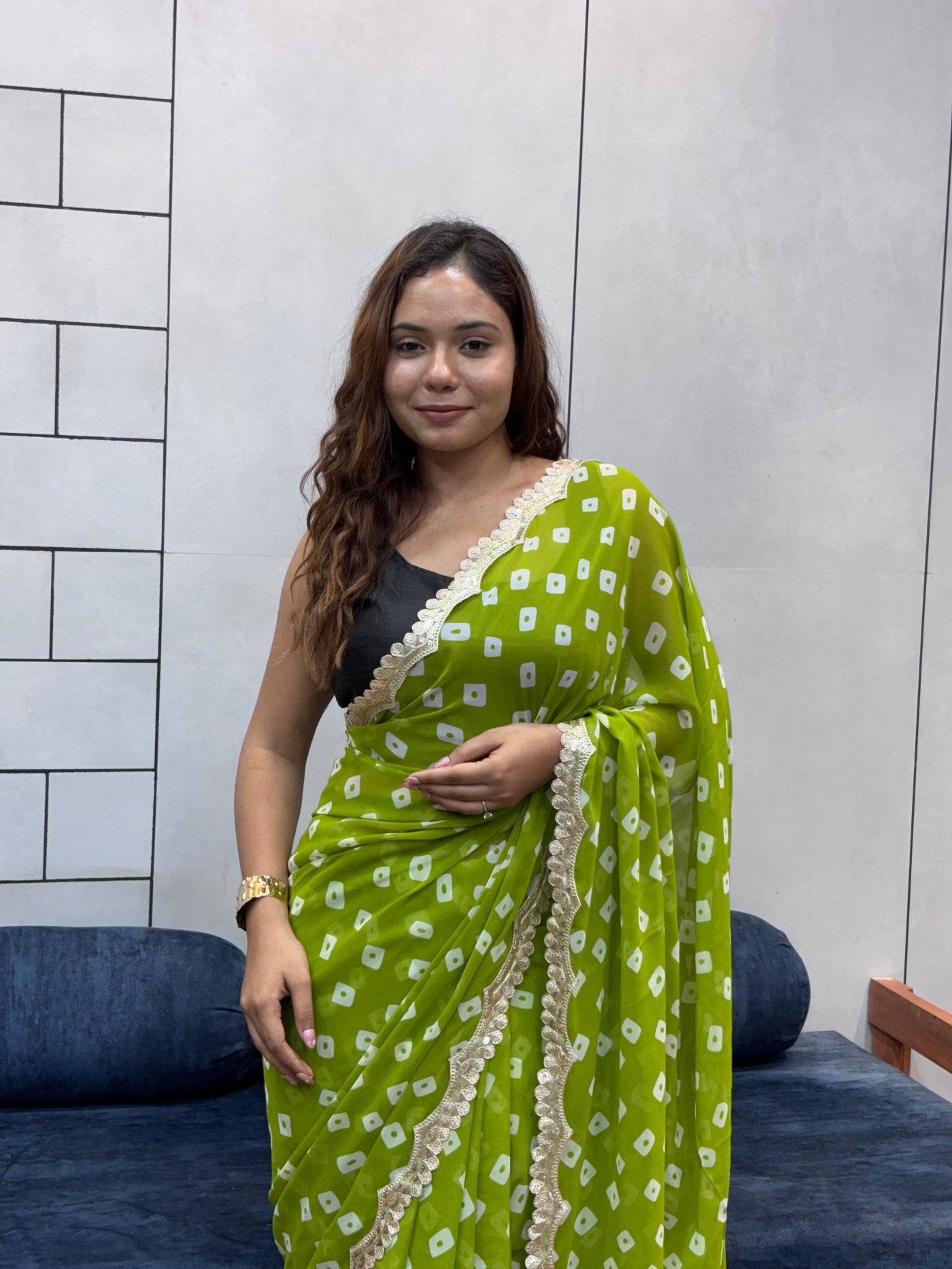 Lime Green Bandhani Georgette Saree with embroidery  Lace Border & Matching Blouse Piece