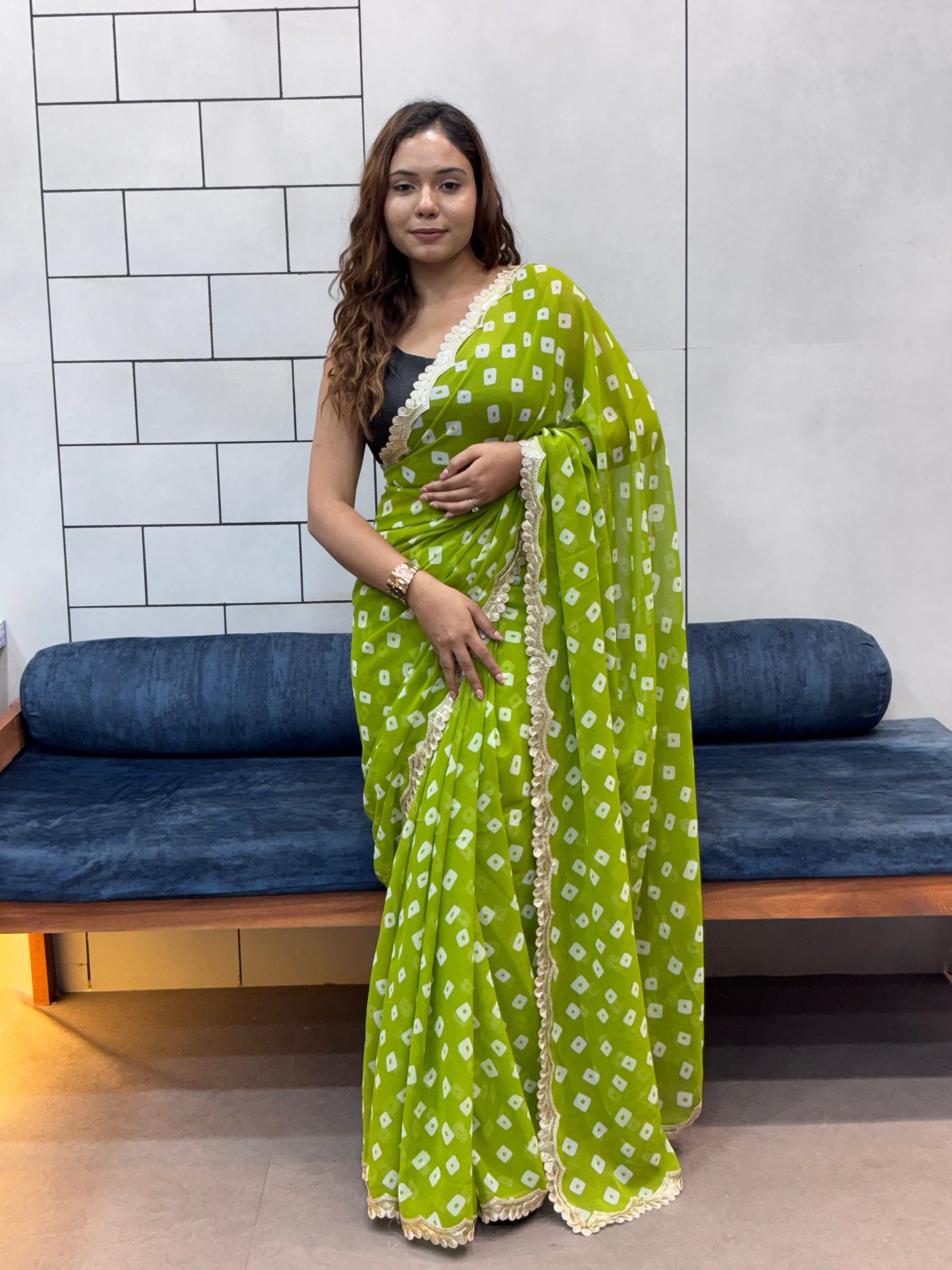 Lime Green Bandhani Georgette Saree with embroidery  Lace Border & Matching Blouse Piece