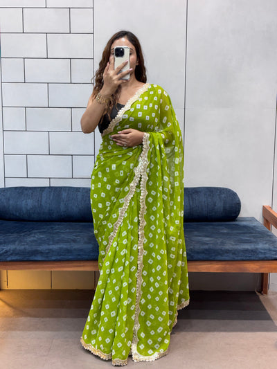 Lime Green Bandhani Georgette Saree with embroidery  Lace Border & Matching Blouse Piece