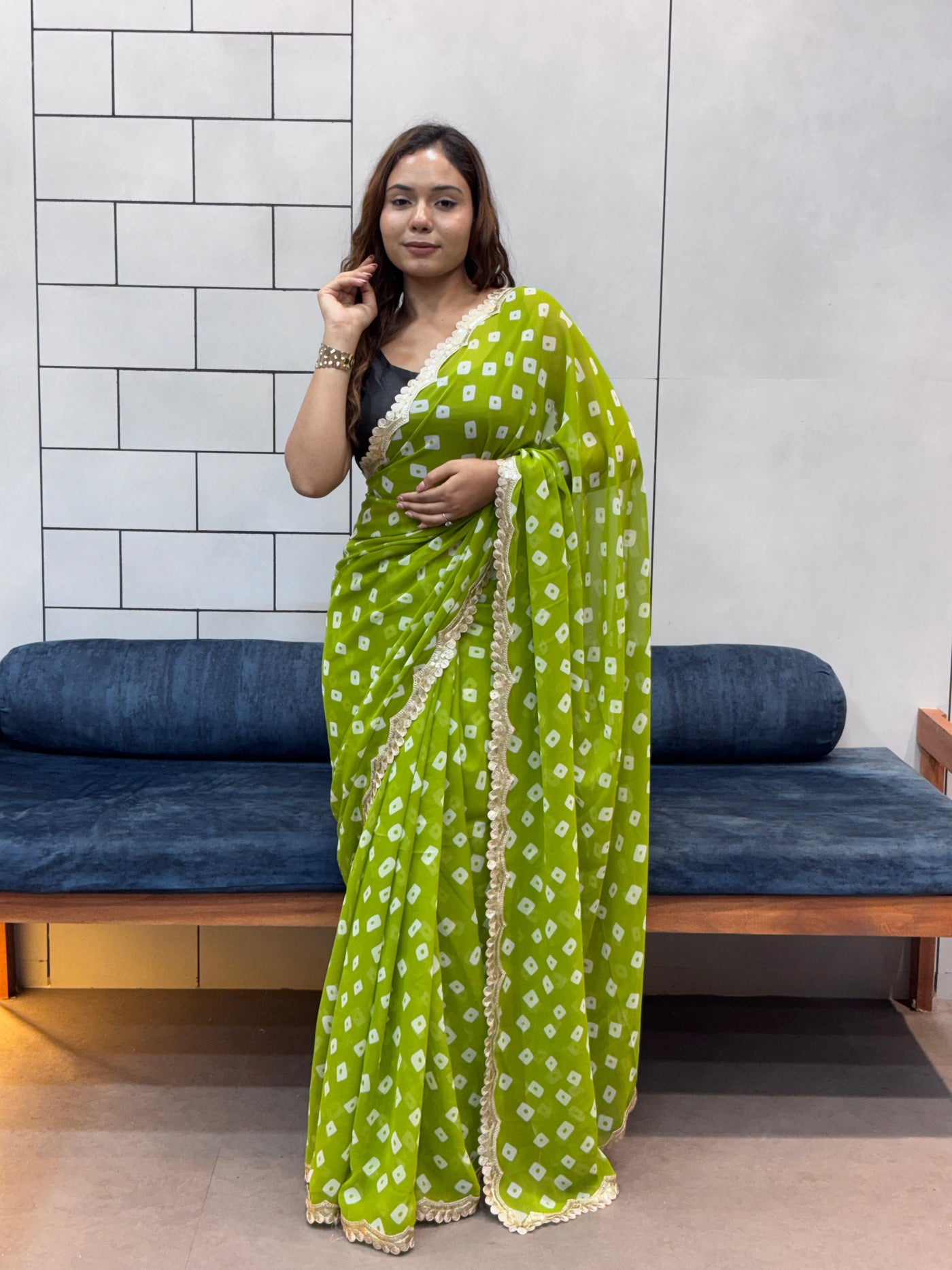 Lime Green Bandhani Georgette Saree with embroidery  Lace Border & Matching Blouse Piece