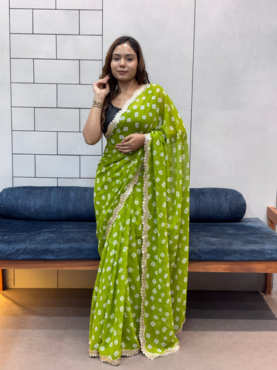 Lime Green Bandhani Georgette Saree with embroidery  Lace Border & Matching Blouse Piece