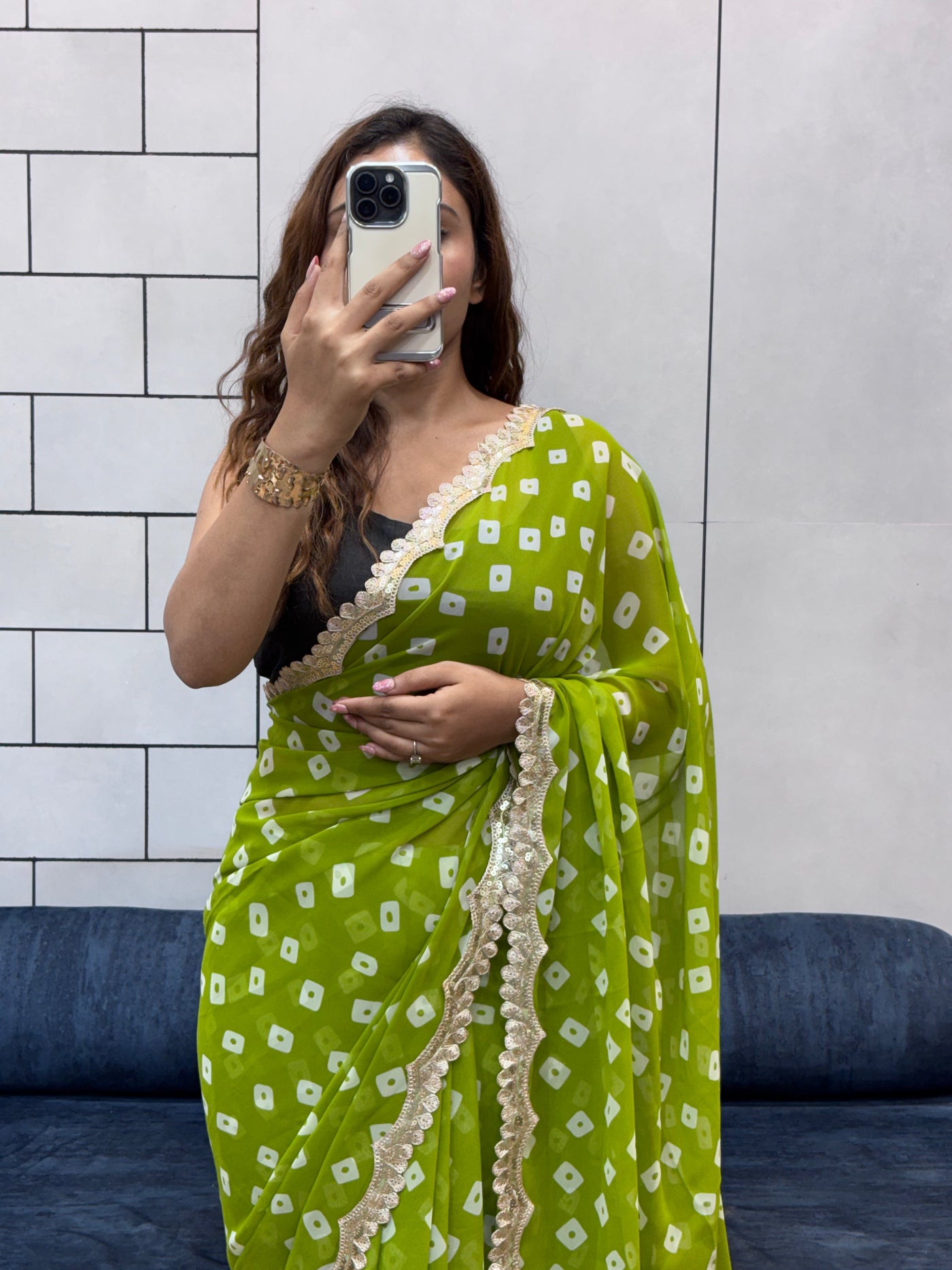 Lime Green Bandhani Georgette Saree with embroidery  Lace Border & Matching Blouse Piece