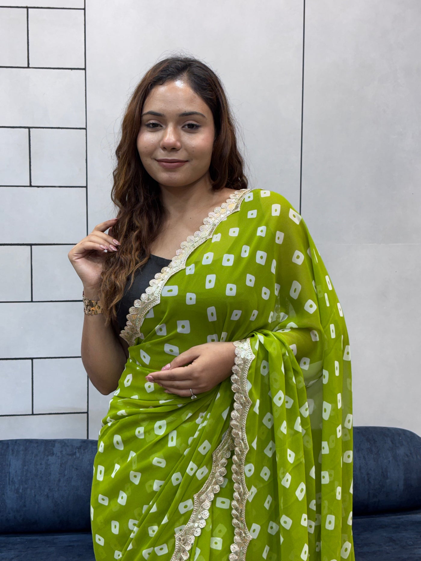 Lime Green Bandhani Georgette Saree with embroidery  Lace Border & Matching Blouse Piece