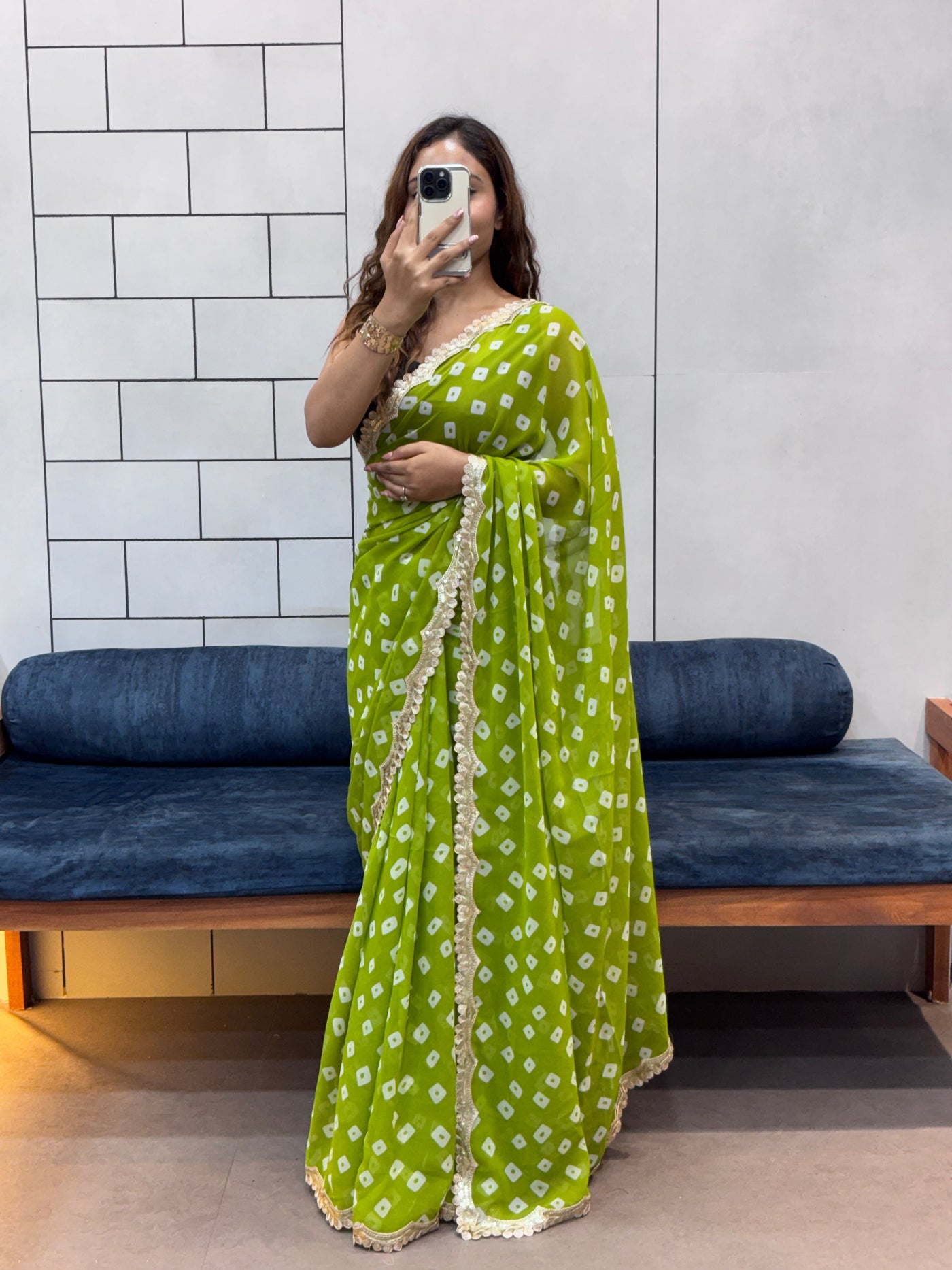 Lime Green Bandhani Georgette Saree with embroidery  Lace Border & Matching Blouse Piece