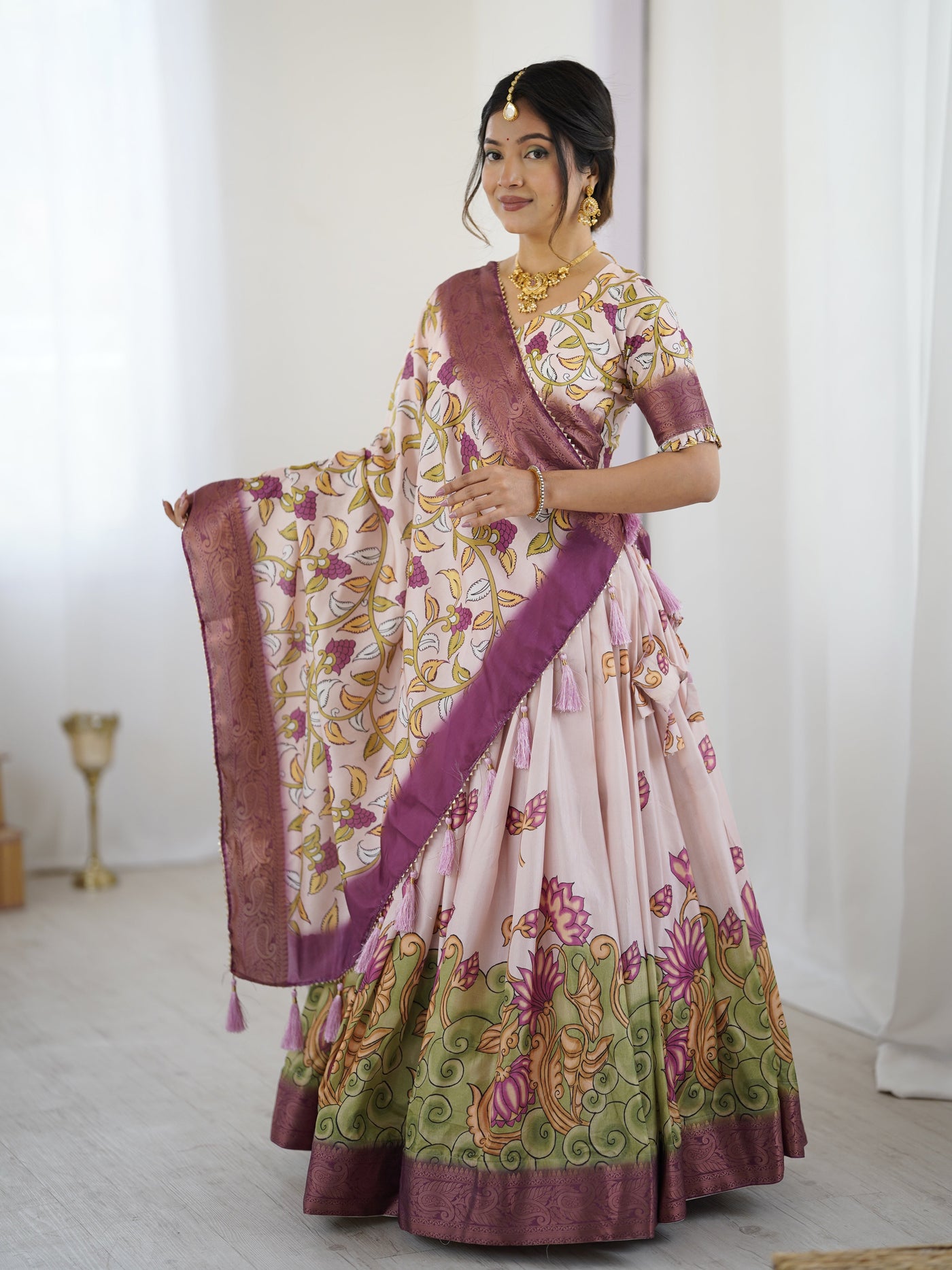 Pastel Pink Kalamkari Silk Lehenga with Tassel Dupatta & Zari Border – Festive & Wedding Wear