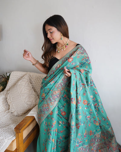 KASHMIRI PASHMINA COTTON KACHHI WORK MULTI THRADE SAREE