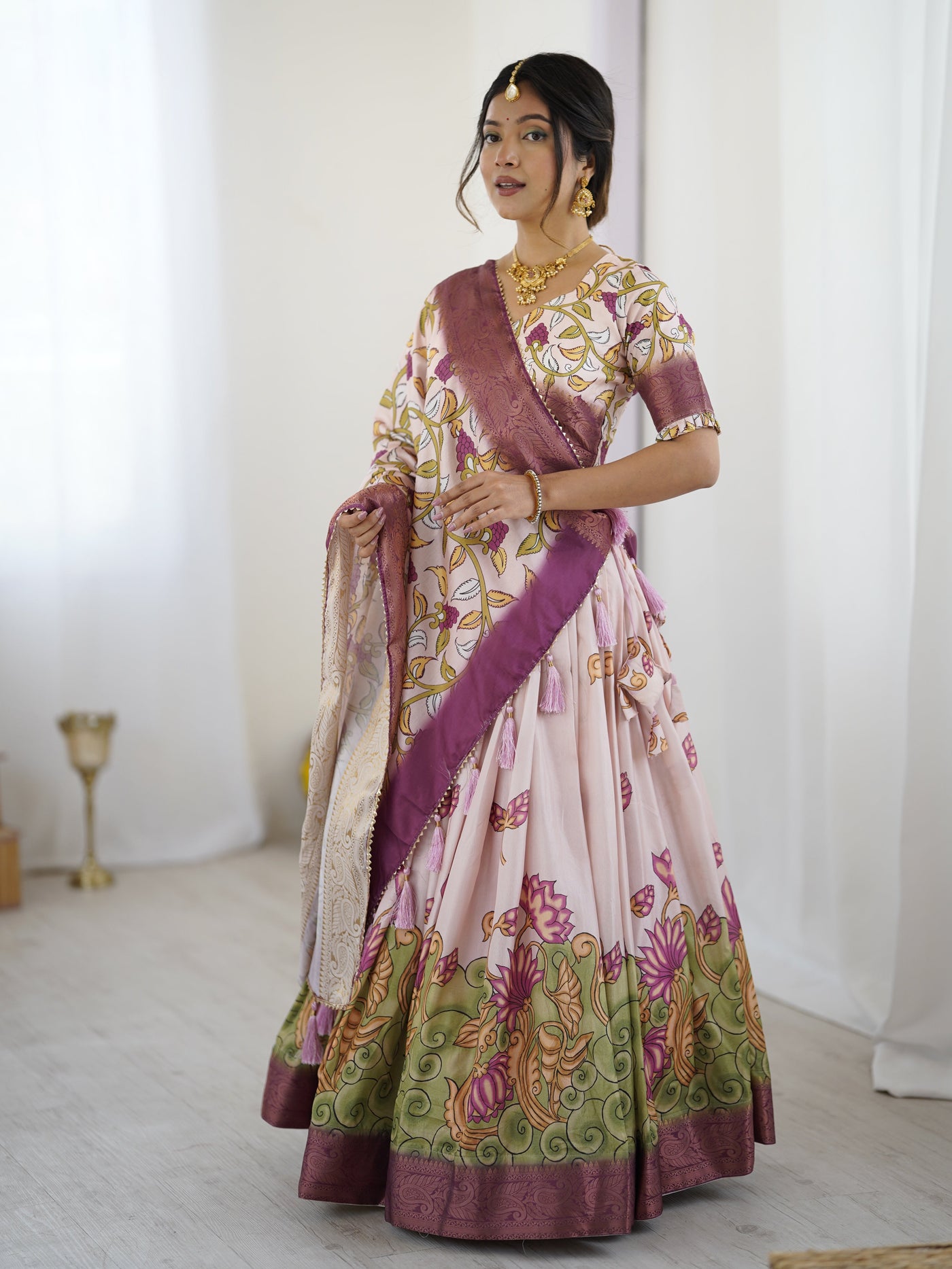 Pastel Pink Kalamkari Silk Lehenga with Tassel Dupatta & Zari Border – Festive & Wedding Wear