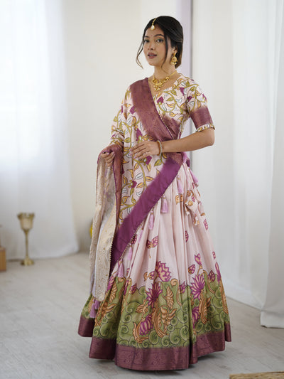 Pastel Pink Kalamkari Silk Lehenga with Tassel Dupatta & Zari Border – Festive & Wedding Wear