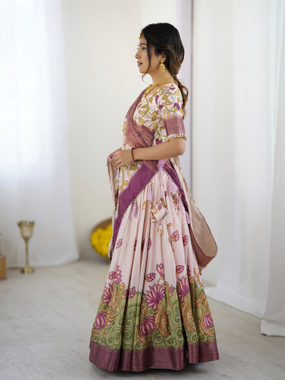 Pastel Pink Kalamkari Silk Lehenga with Tassel Dupatta & Zari Border – Festive & Wedding Wear
