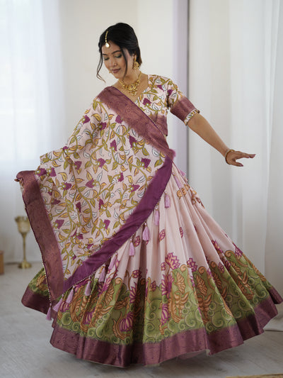 Pastel Pink Kalamkari Silk Lehenga with Tassel Dupatta & Zari Border – Festive & Wedding Wear