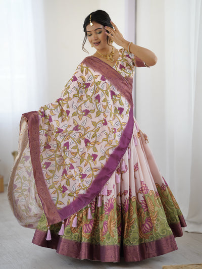 Pastel Pink Kalamkari Silk Lehenga with Tassel Dupatta & Zari Border – Festive & Wedding Wear
