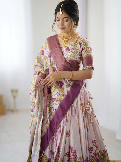Pastel Pink Kalamkari Silk Lehenga with Tassel Dupatta & Zari Border – Festive & Wedding Wear
