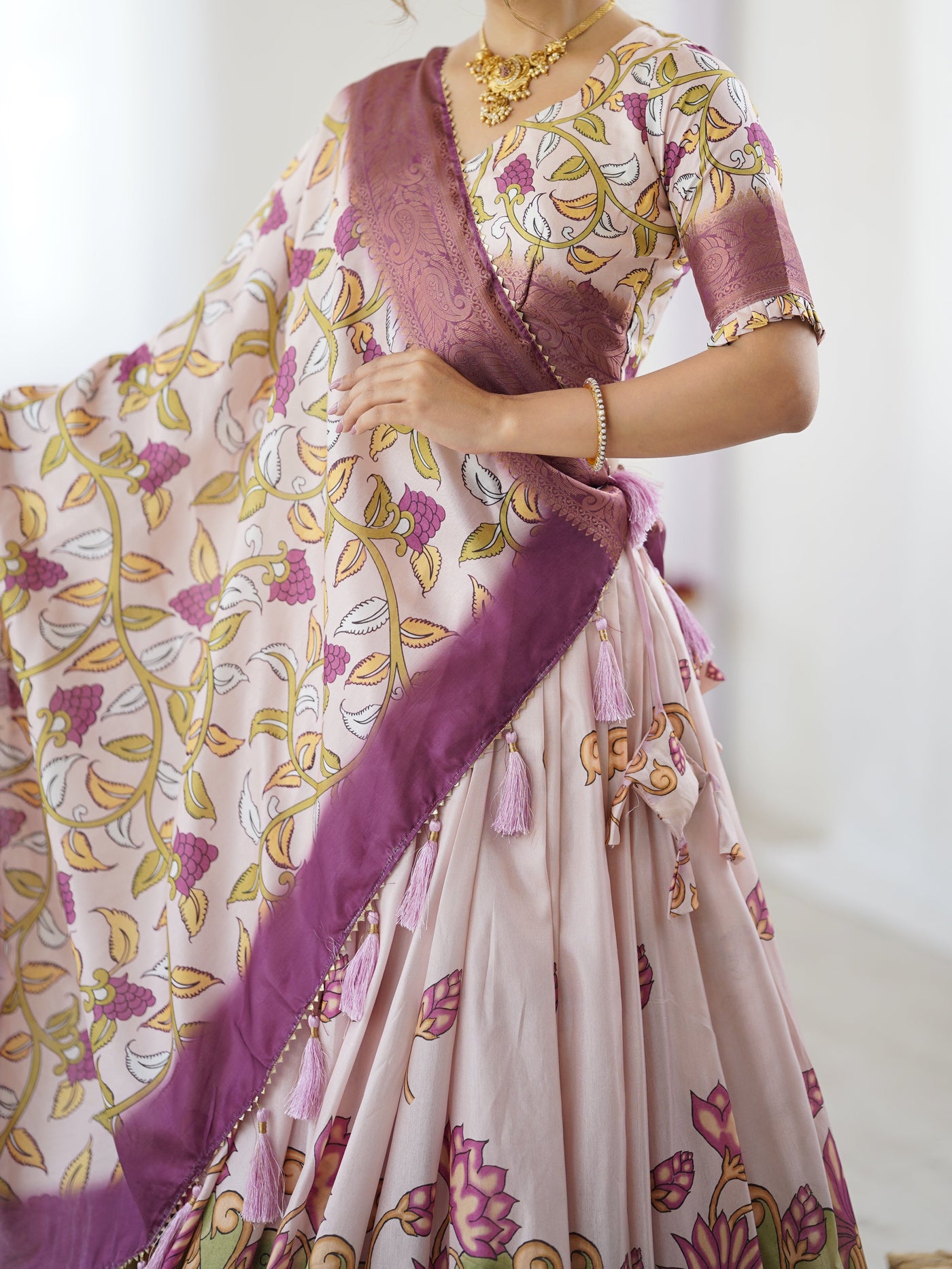 Pastel Pink Kalamkari Silk Lehenga with Tassel Dupatta & Zari Border – Festive & Wedding Wear