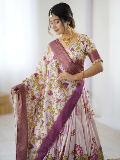 Pastel Pink Kalamkari Silk Lehenga with Tassel Dupatta & Zari Border – Festive & Wedding Wear