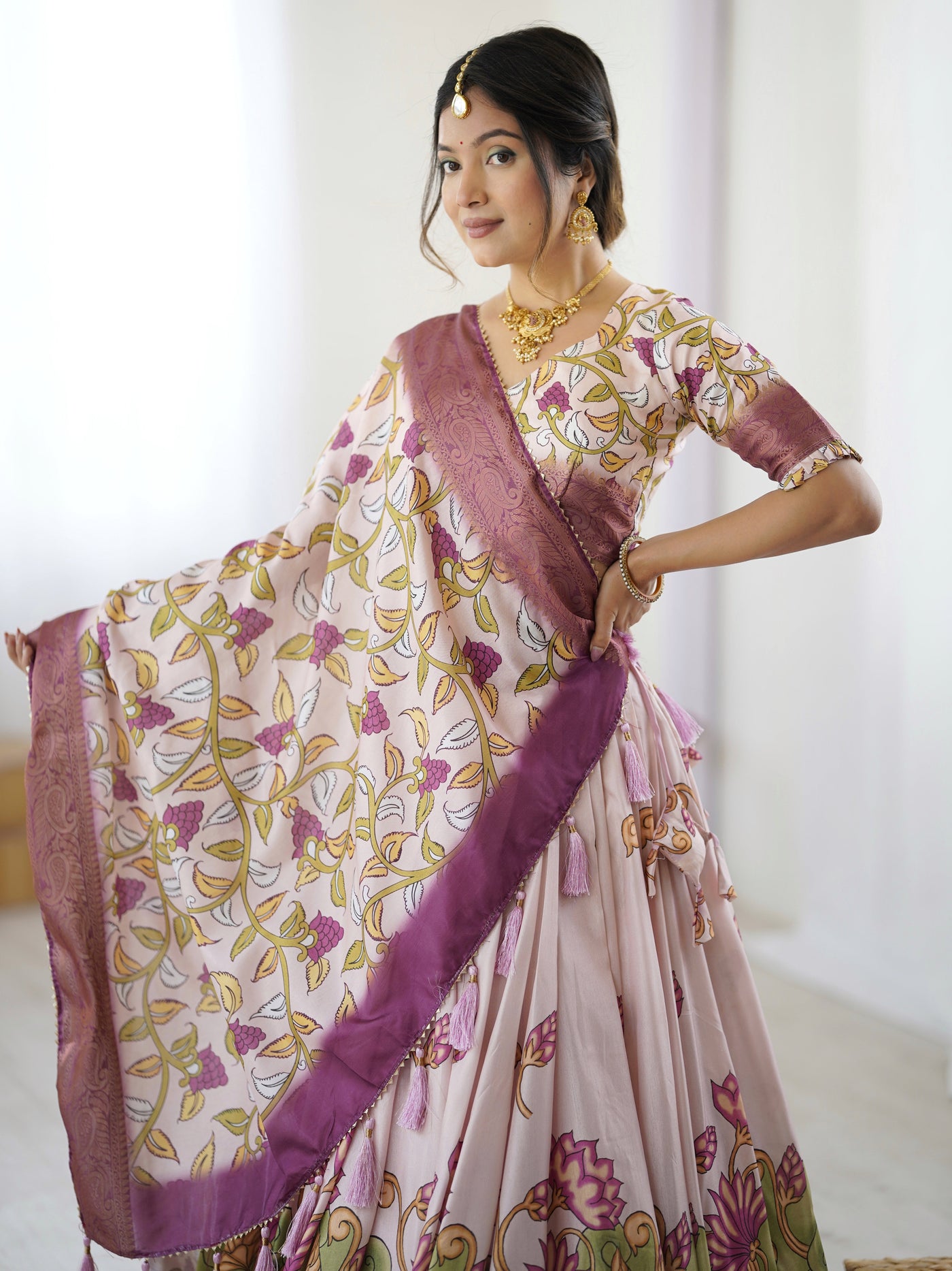 Pastel Pink Kalamkari Silk Lehenga with Tassel Dupatta & Zari Border – Festive & Wedding Wear