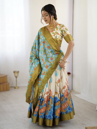 Off-White & Blue Kalamkari Silk Lehenga with Olive Zari Border & Tassel Dupatta – Festive & Wedding Wear