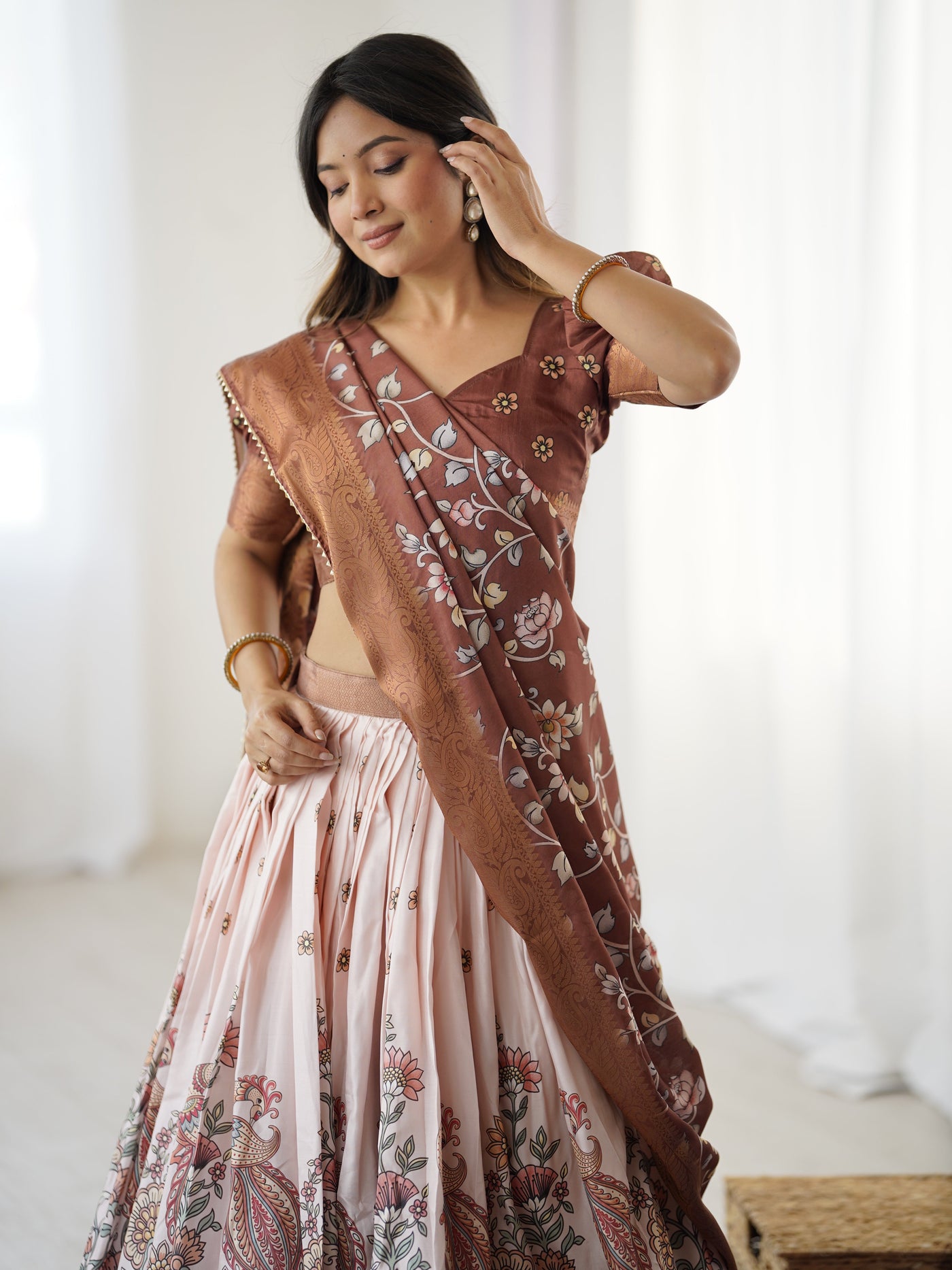 Peach & Copper Brown Kalamkari Lehenga with Elegant Floral Dupatta