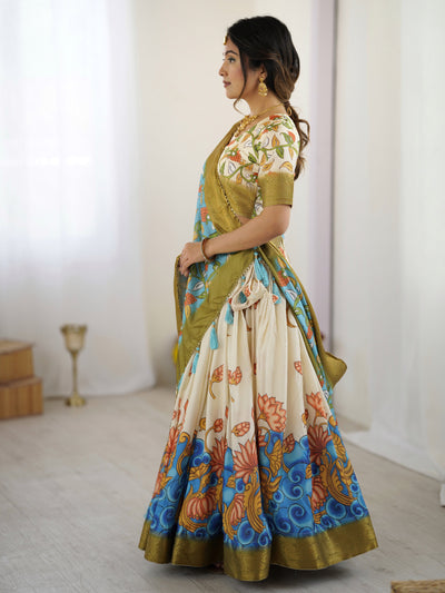 Off-White & Blue Kalamkari Silk Lehenga with Olive Zari Border & Tassel Dupatta – Festive & Wedding Wear