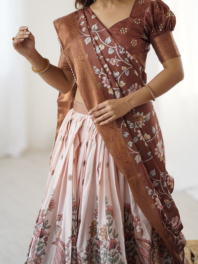 Peach & Copper Brown Kalamkari Lehenga with Elegant Floral Dupatta