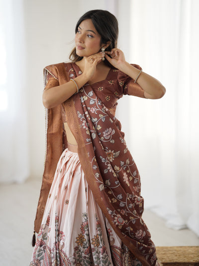 Peach & Copper Brown Kalamkari Lehenga with Elegant Floral Dupatta