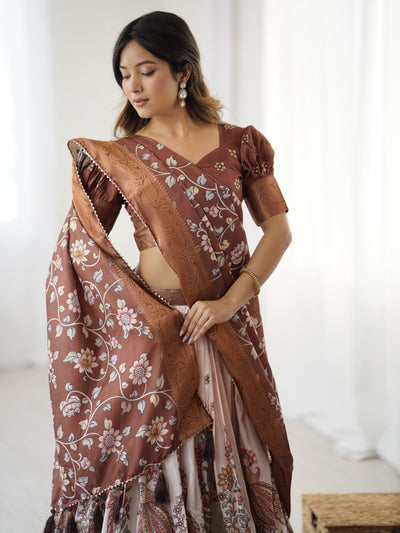 Peach & Copper Brown Kalamkari Lehenga with Elegant Floral Dupatta