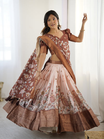 Peach & Copper Brown Kalamkari Lehenga with Elegant Floral Dupatta