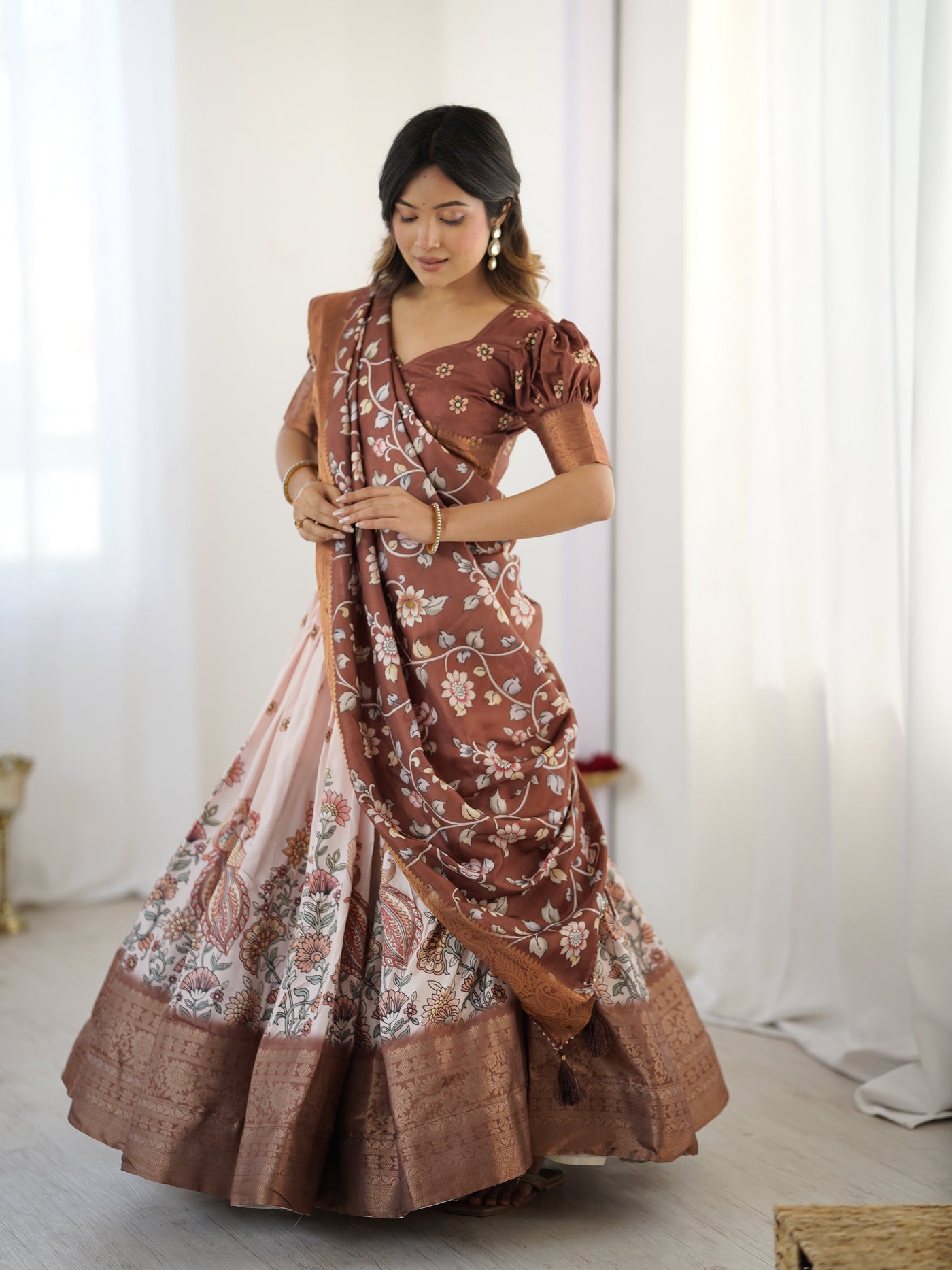 Peach & Copper Brown Kalamkari Lehenga with Elegant Floral Dupatta