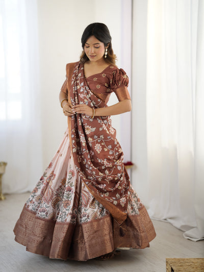 Peach & Copper Brown Kalamkari Lehenga with Elegant Floral Dupatta