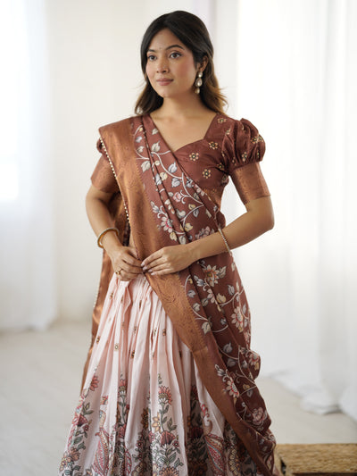Peach & Copper Brown Kalamkari Lehenga with Elegant Floral Dupatta