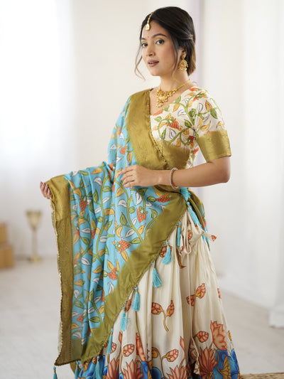 Off-White & Blue Kalamkari Silk Lehenga with Olive Zari Border & Tassel Dupatta – Festive & Wedding Wear