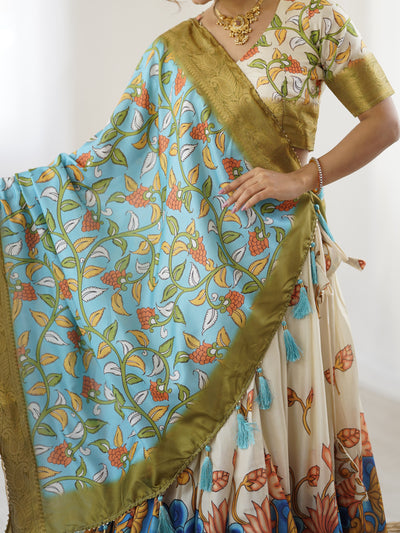 Off-White & Blue Kalamkari Silk Lehenga with Olive Zari Border & Tassel Dupatta – Festive & Wedding Wear