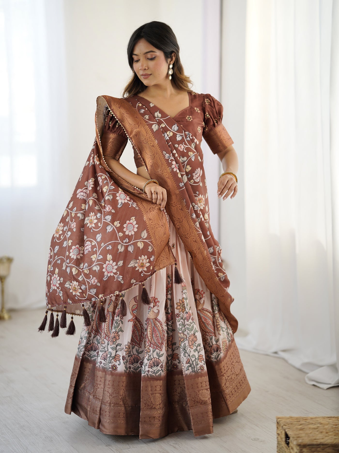 Peach & Copper Brown Kalamkari Lehenga with Elegant Floral Dupatta