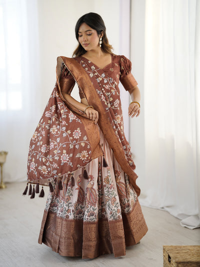 Peach & Copper Brown Kalamkari Lehenga with Elegant Floral Dupatta