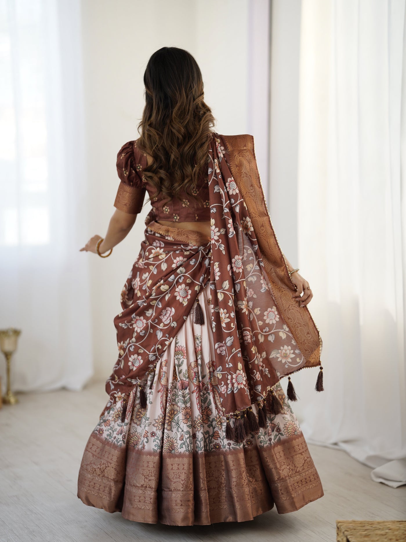 Peach & Copper Brown Kalamkari Lehenga with Elegant Floral Dupatta