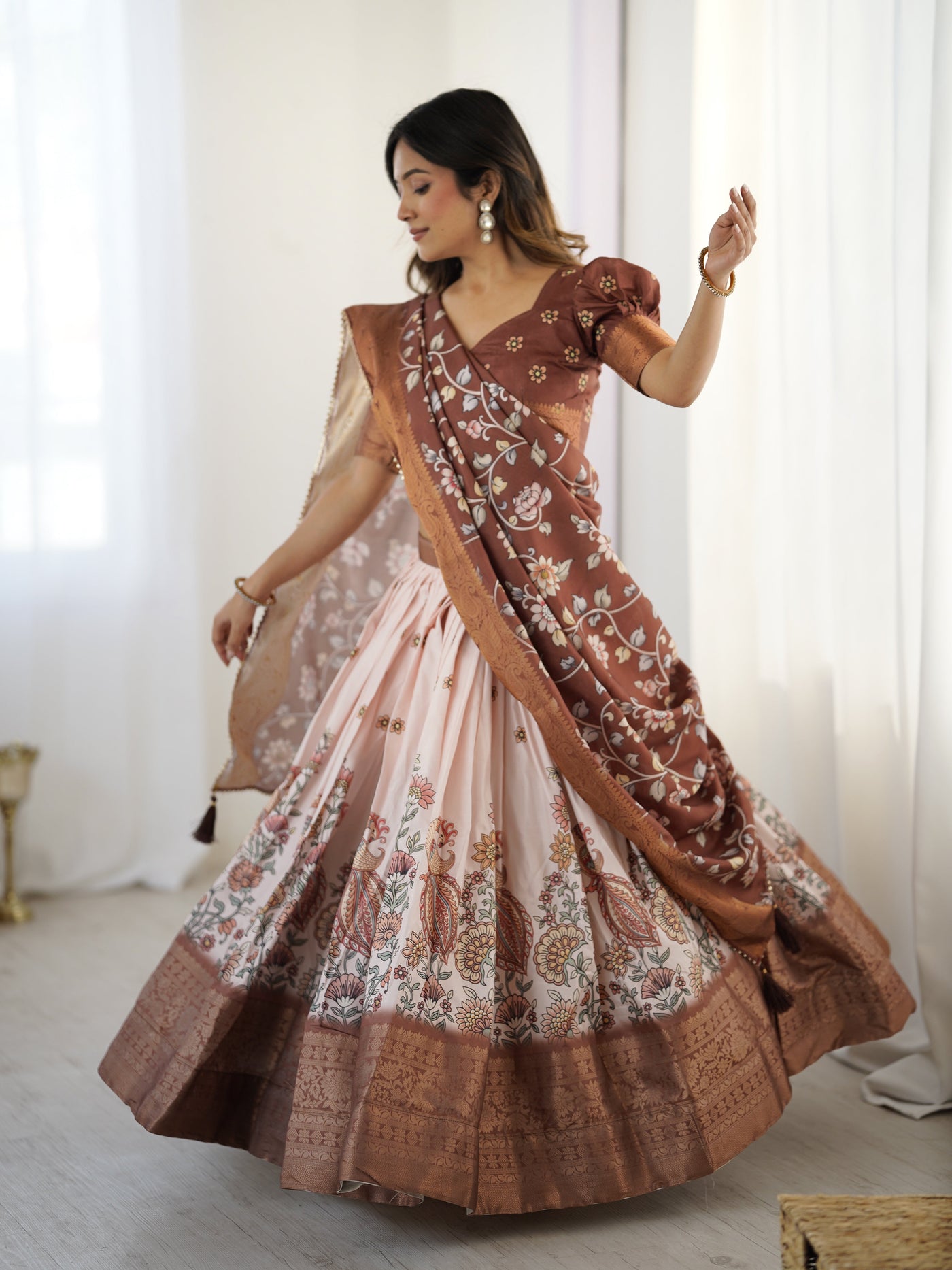 Peach & Copper Brown Kalamkari Lehenga with Elegant Floral Dupatta