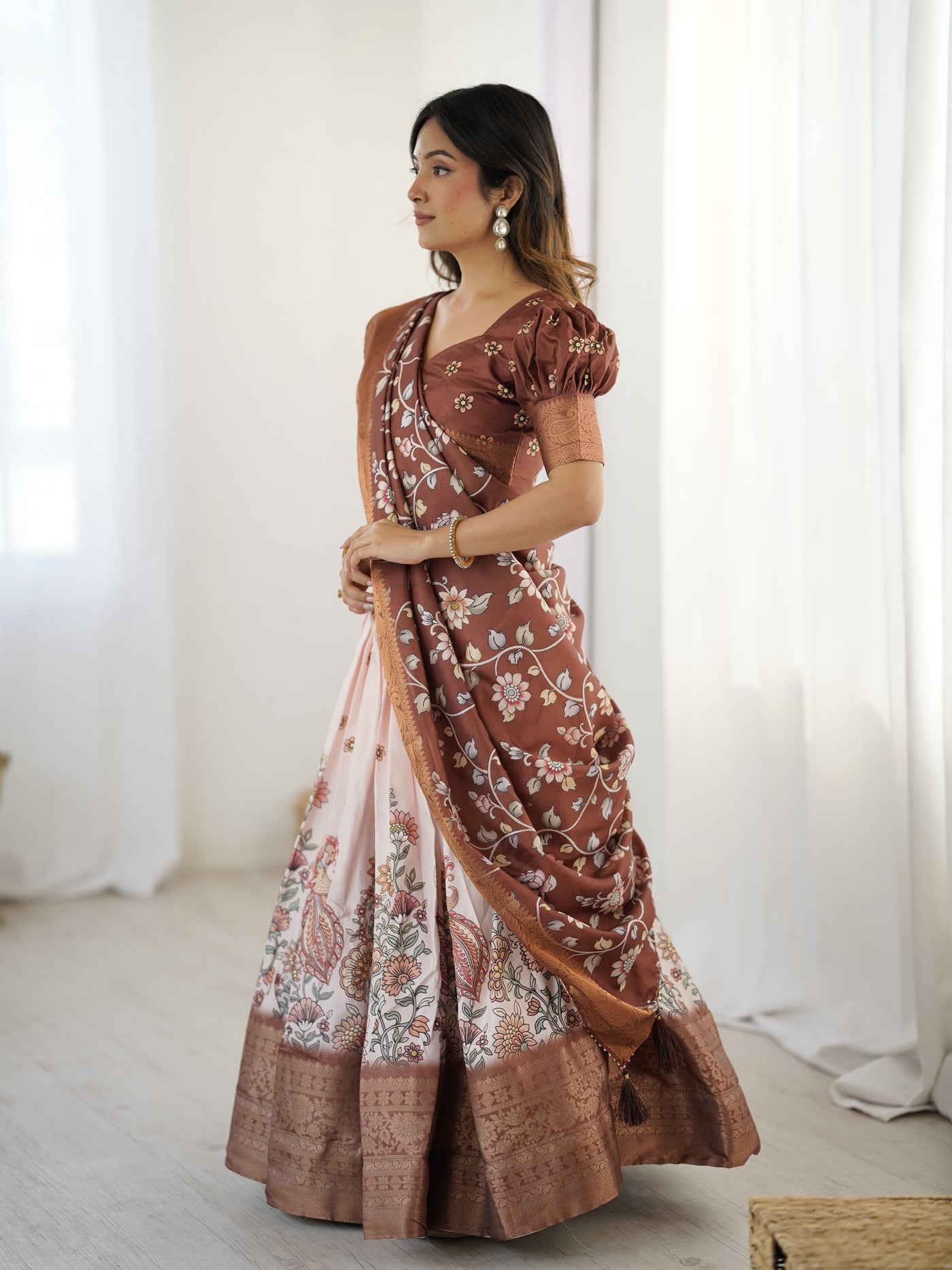 Peach & Copper Brown Kalamkari Lehenga with Elegant Floral Dupatta