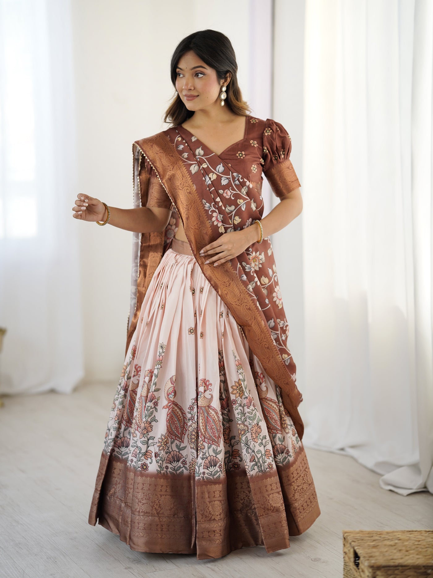 Peach & Copper Brown Kalamkari Lehenga with Elegant Floral Dupatta