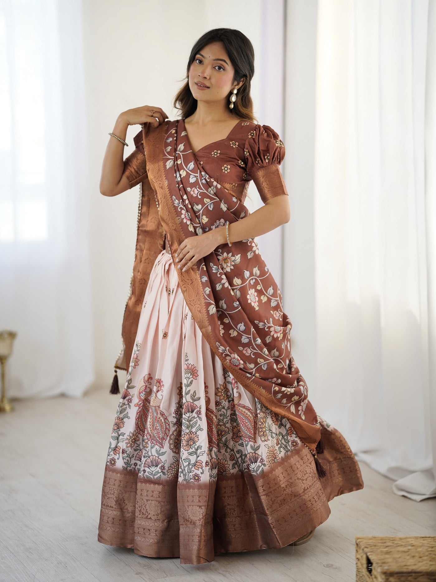 Peach & Copper Brown Kalamkari Lehenga with Elegant Floral Dupatta
