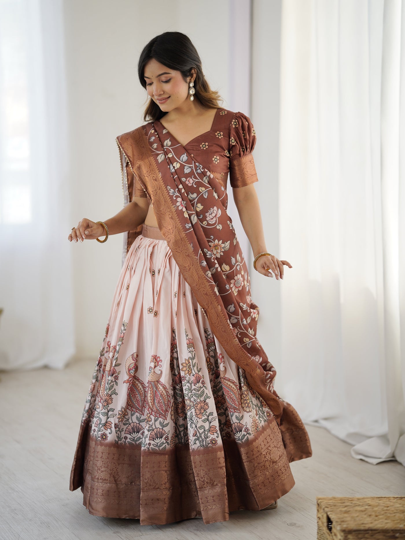 Peach & Copper Brown Kalamkari Lehenga with Elegant Floral Dupatta