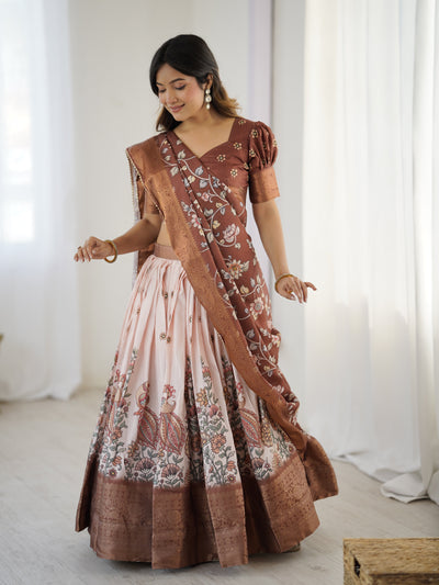 Peach & Copper Brown Kalamkari Lehenga with Elegant Floral Dupatta