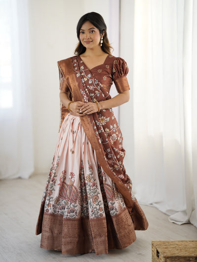 Peach & Copper Brown Kalamkari Lehenga with Elegant Floral Dupatta