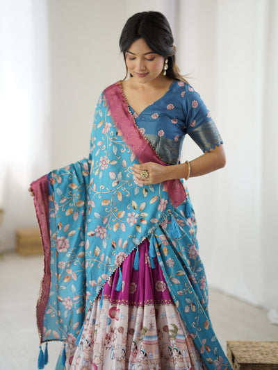 Peacock Blue Kalamkari Lehenga with Divine Print and Floral Embroidered Dupatta