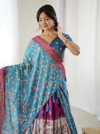 Peacock Blue Kalamkari Lehenga with Divine Print and Floral Embroidered Dupatta
