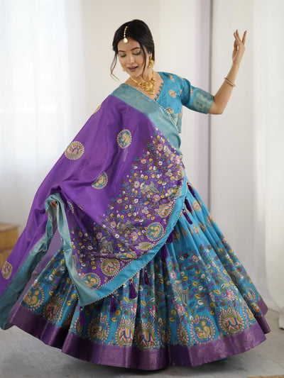 Turquoise Blue & Purple Kalamkari Tussar Silk Lehenga with Zari Border & Tassel Dupatta – Wedding & Festive Wear
