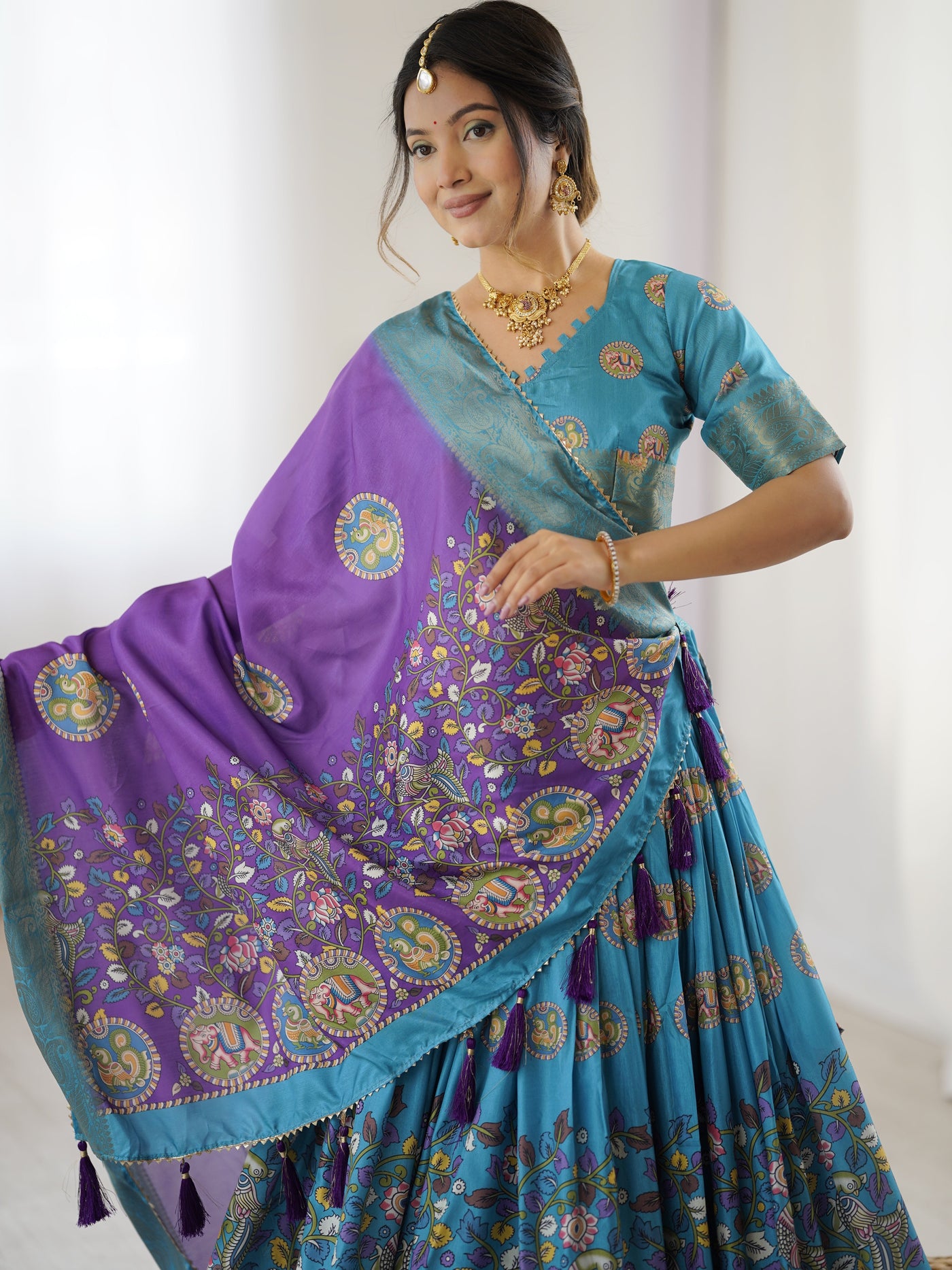 Turquoise Blue & Purple Kalamkari Tussar Silk Lehenga with Zari Border & Tassel Dupatta – Wedding & Festive Wear