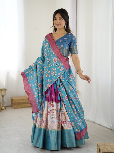 Peacock Blue Kalamkari Lehenga with Divine Print and Floral Embroidered Dupatta
