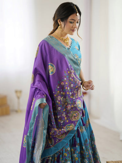Turquoise Blue & Purple Kalamkari Tussar Silk Lehenga with Zari Border & Tassel Dupatta – Wedding & Festive Wear