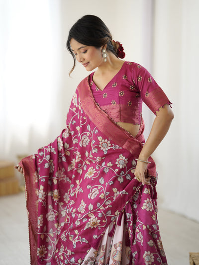 Magenta Pink Kalamkari Lehenga with Matching Floral Dupatta