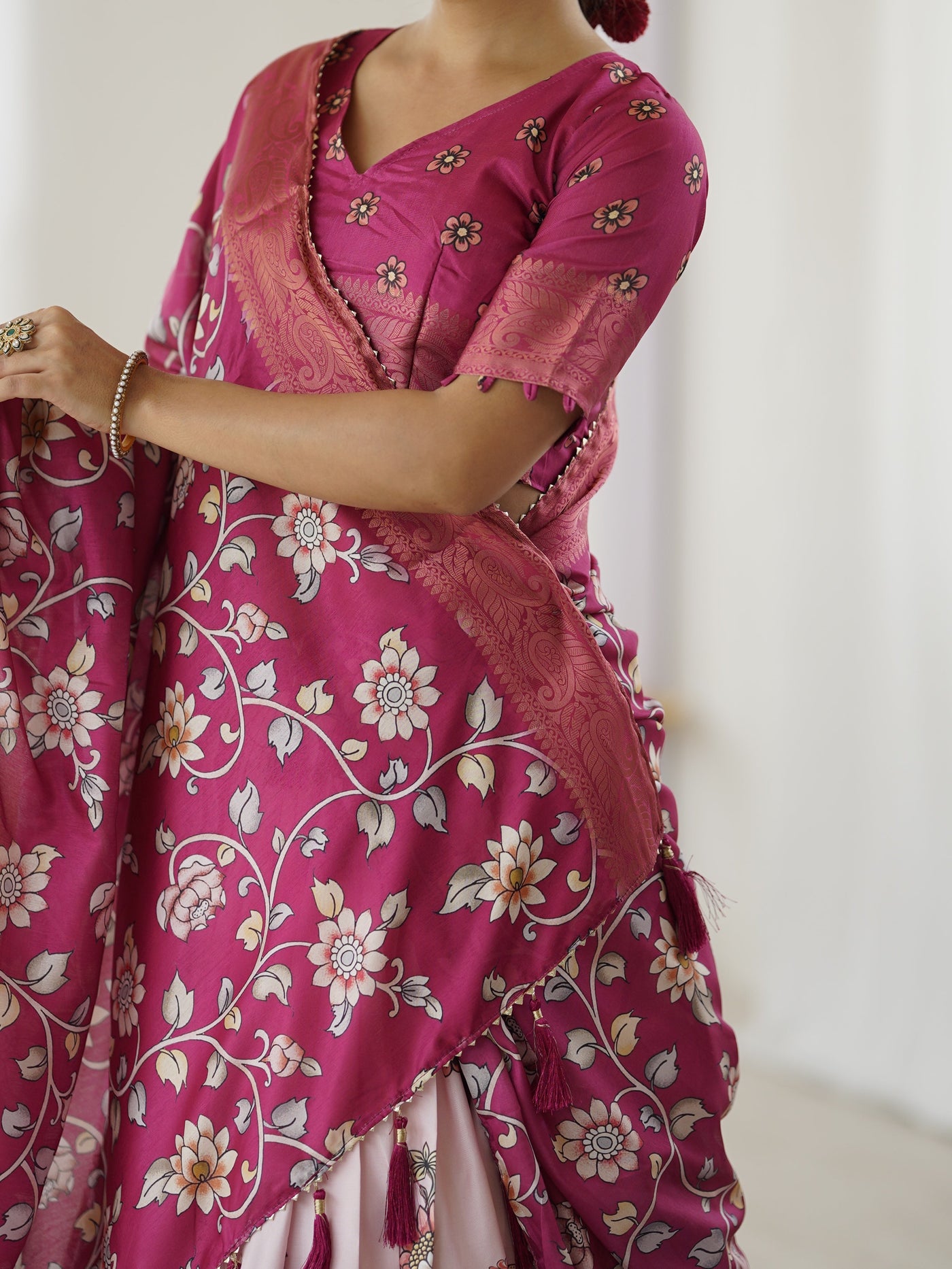 Magenta Pink Kalamkari Lehenga with Matching Floral Dupatta
