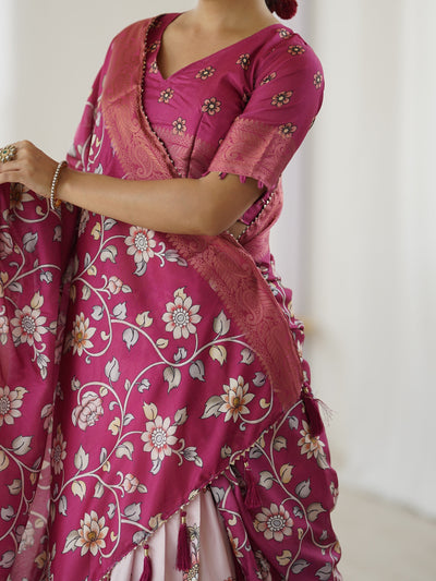 Magenta Pink Kalamkari Lehenga with Matching Floral Dupatta